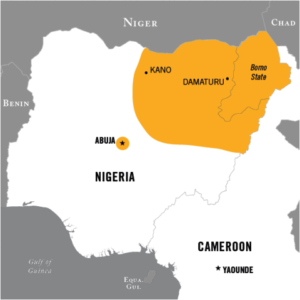 YELLOW INDICATES TERRITORY PREVIOUSLY CONTROLLED BY BOKO HARAM